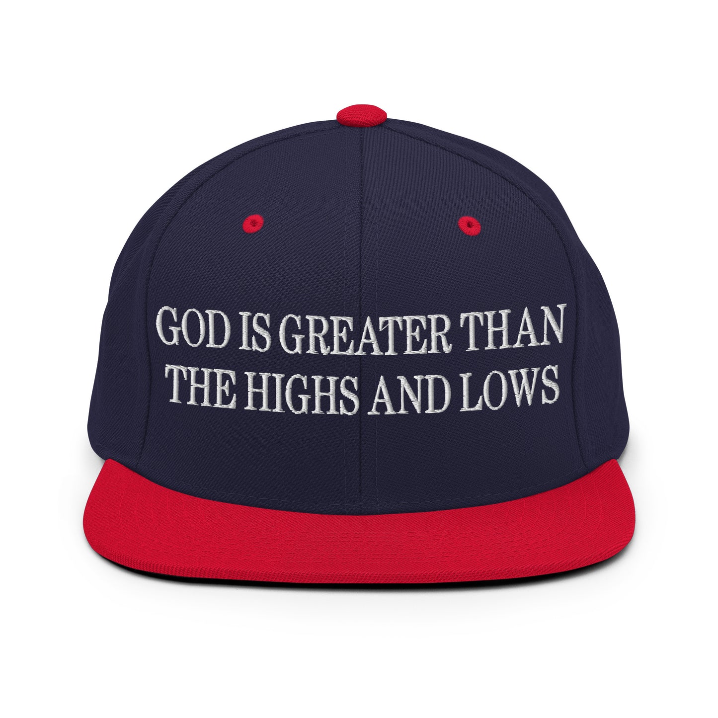 God is Greater than the Highs and Lows Embroidered Flat Bill Brim Snapback Hat Navy Red