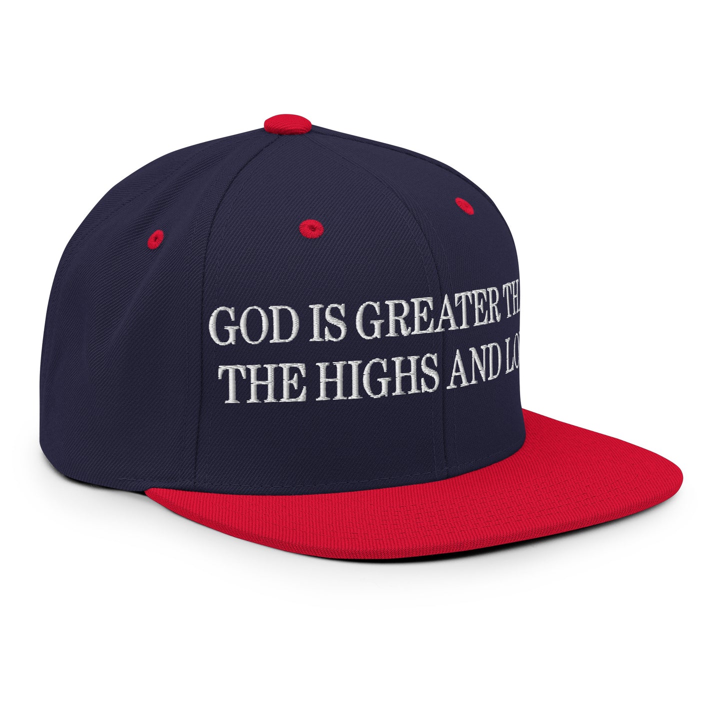 God is Greater than the Highs and Lows Embroidered Flat Bill Brim Snapback Hat Navy Red