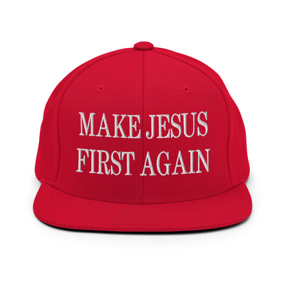 Make Jesus First Again Embroidered Flat Bill Brim Snapback Hat Red