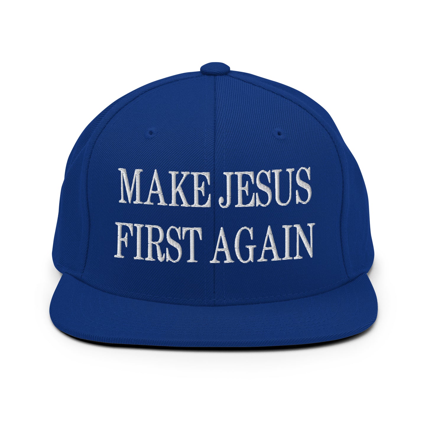 Make Jesus First Again Embroidered Flat Bill Brim Snapback Hat Royal Blue