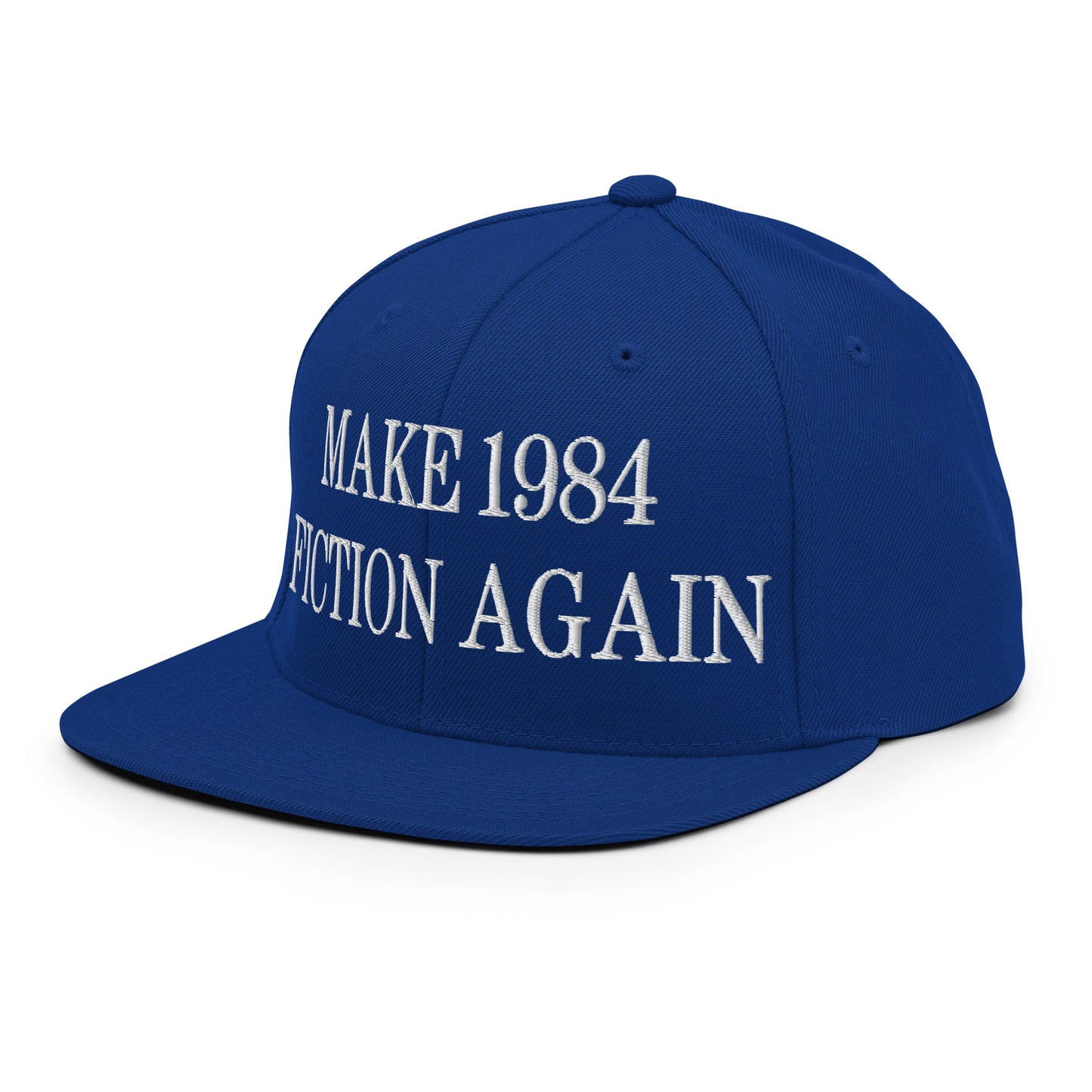 Make 1984 Fiction Again Embroidered Flat Bill Brim Snapback Hat Royal Blue