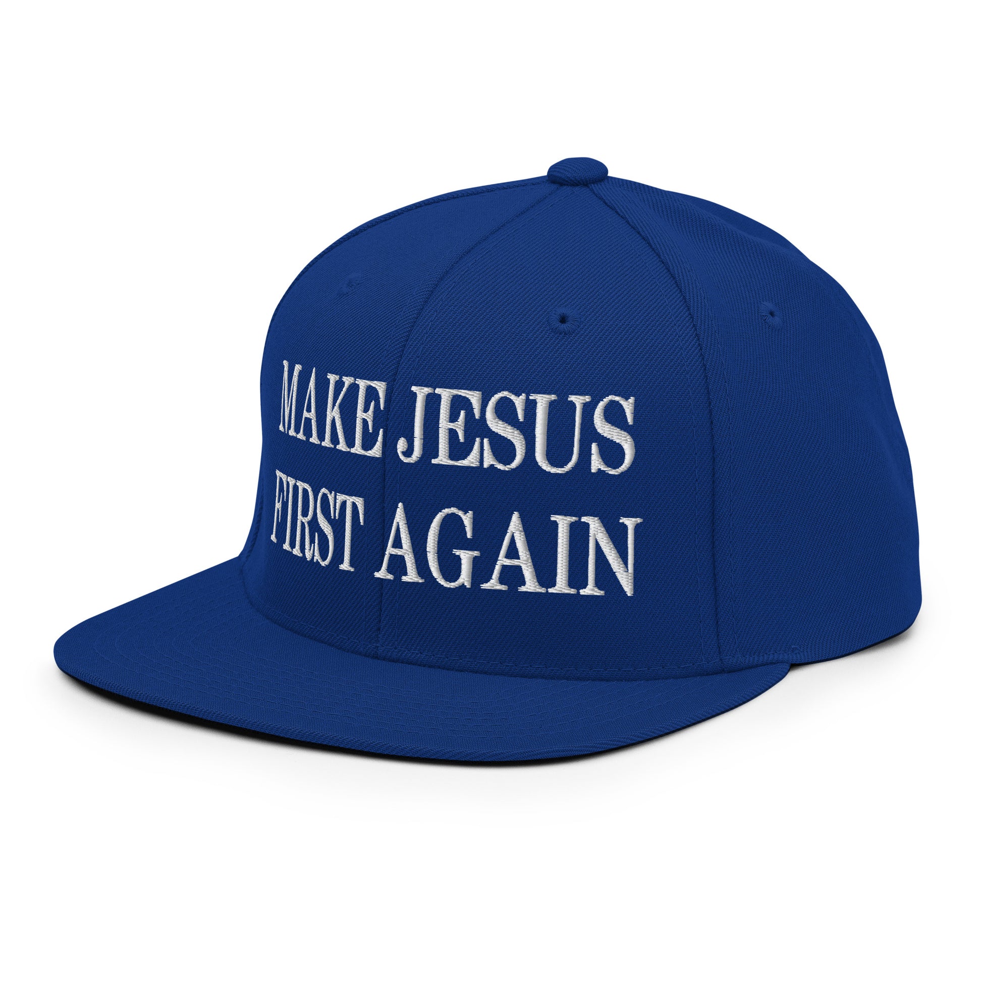 Make Jesus First Again Embroidered Flat Bill Brim Snapback Hat Royal Blue