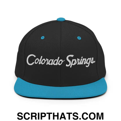 Colorado Springs Script Snapback Hat Black Teal