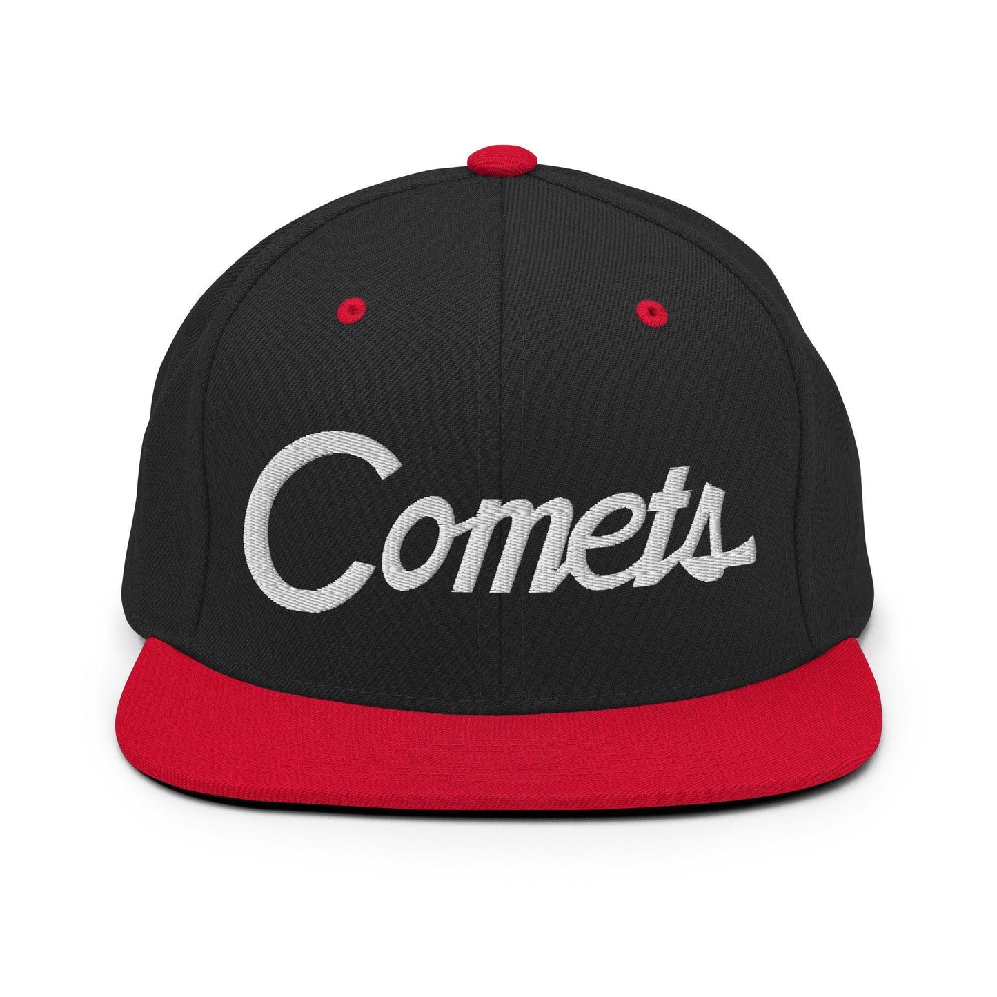 Comets School Mascot Script Snapback Hat Black Red