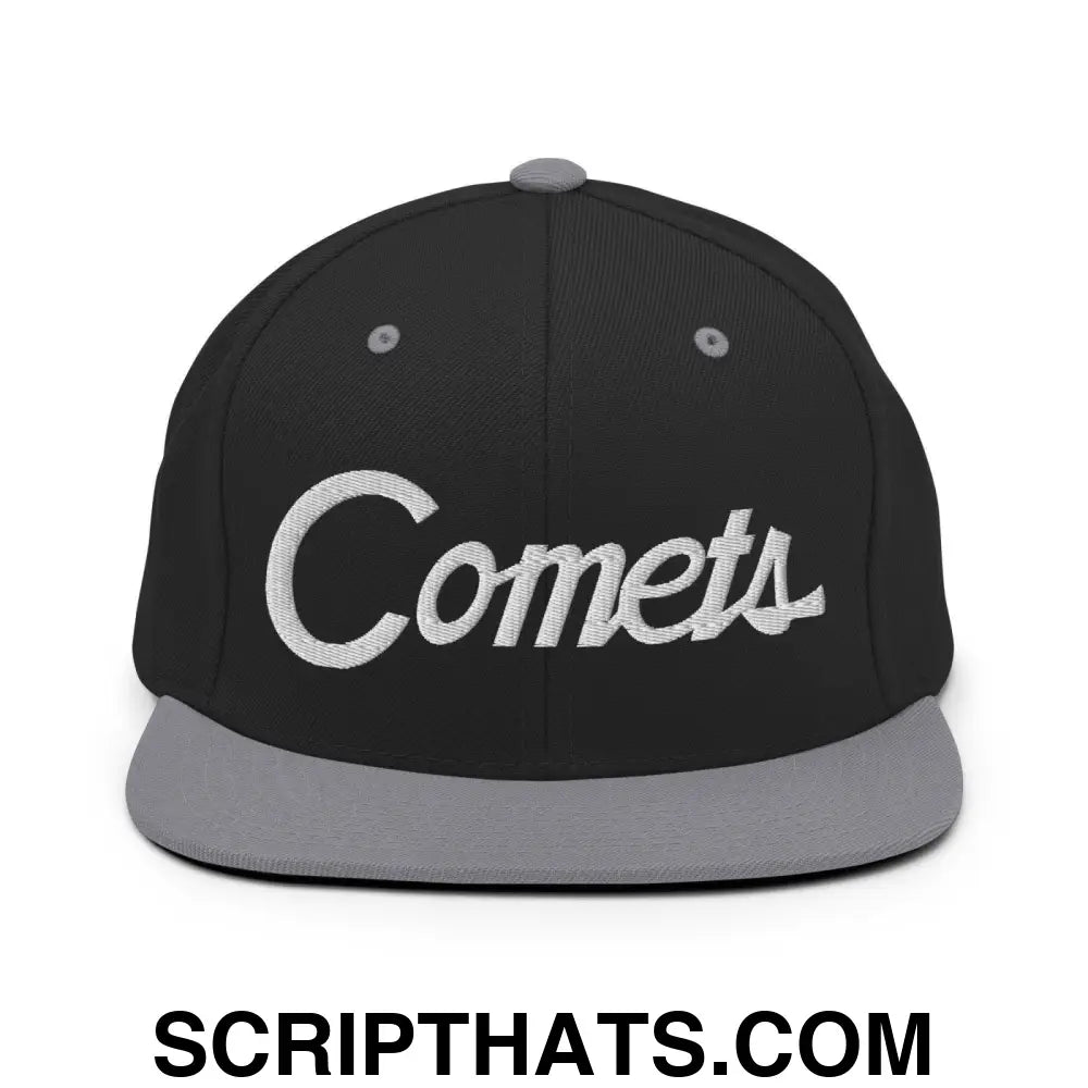 Comets School Mascot Script Snapback Hat Black Silver