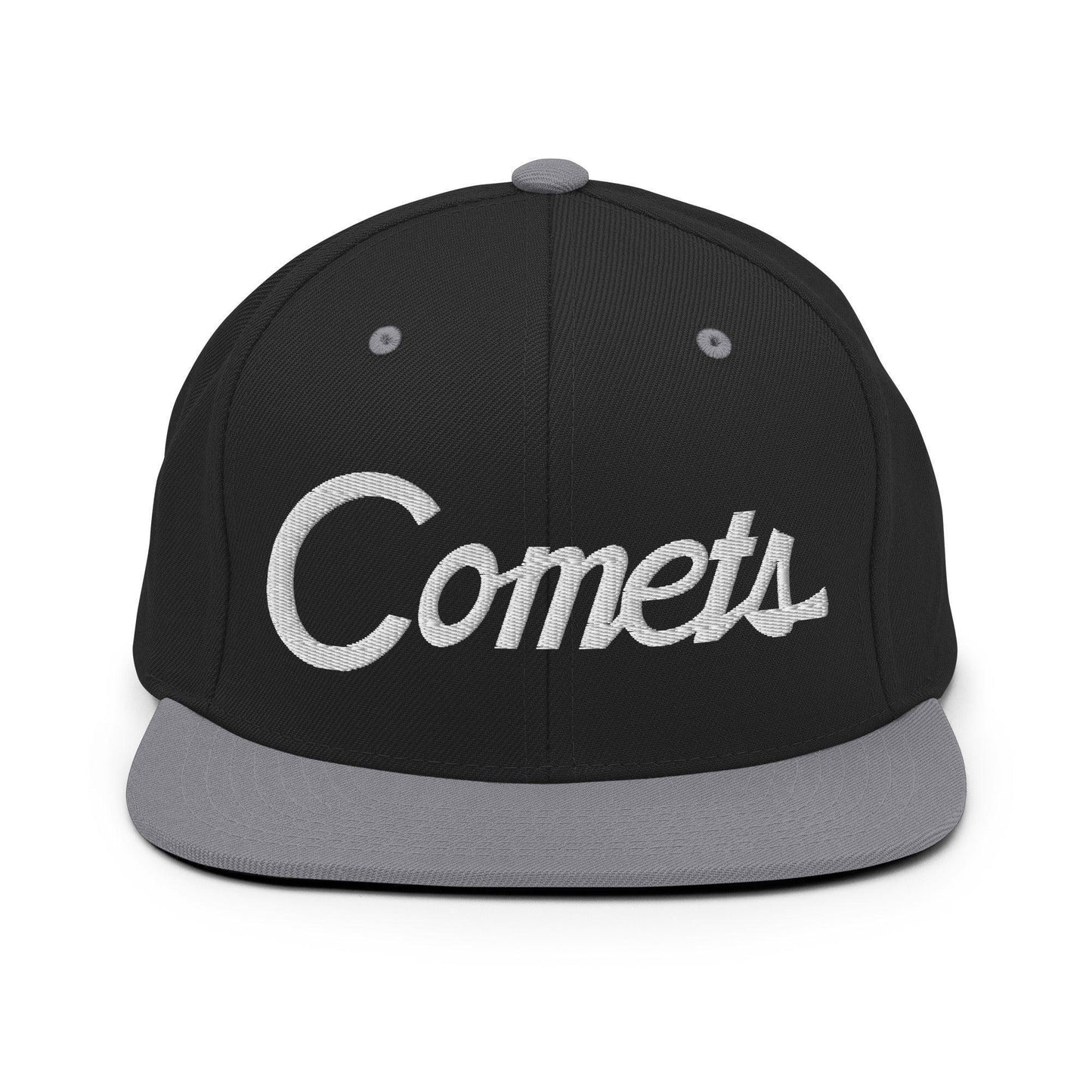 Comets School Mascot Script Snapback Hat Black Silver