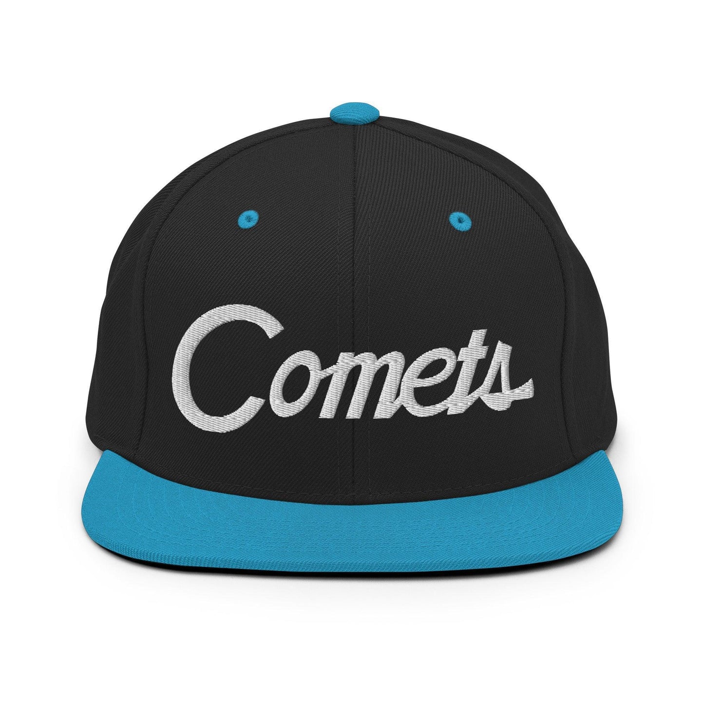 Comets School Mascot Script Snapback Hat Black Teal