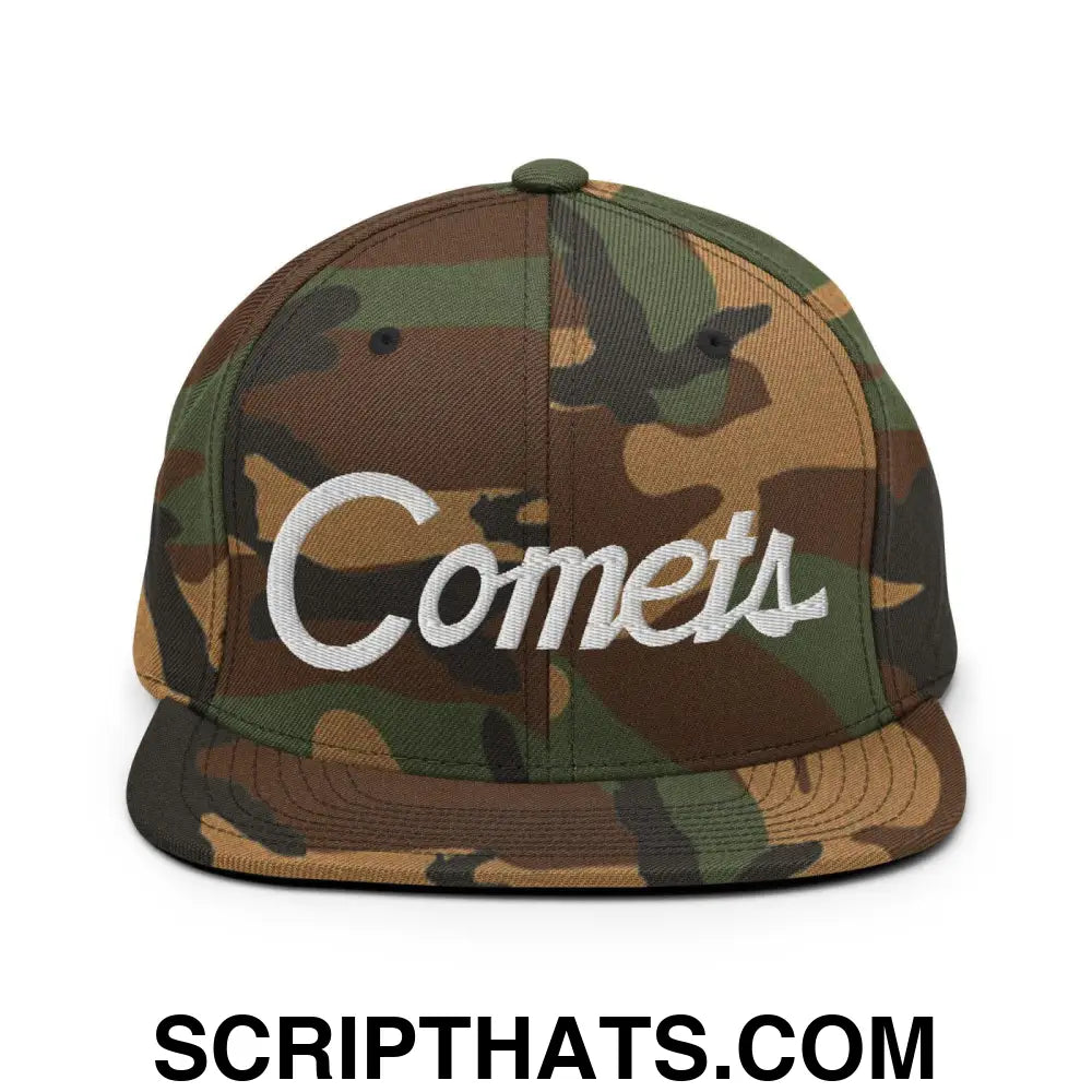 Comets School Mascot Script Snapback Hat Green Camo