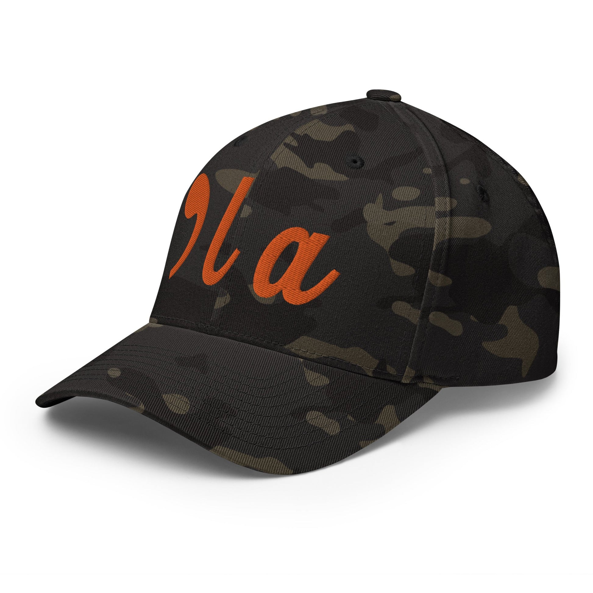 Comma La Kamala Harris Embroidered Stretch Fit Baseball Hat Orange Camo Multicam Black