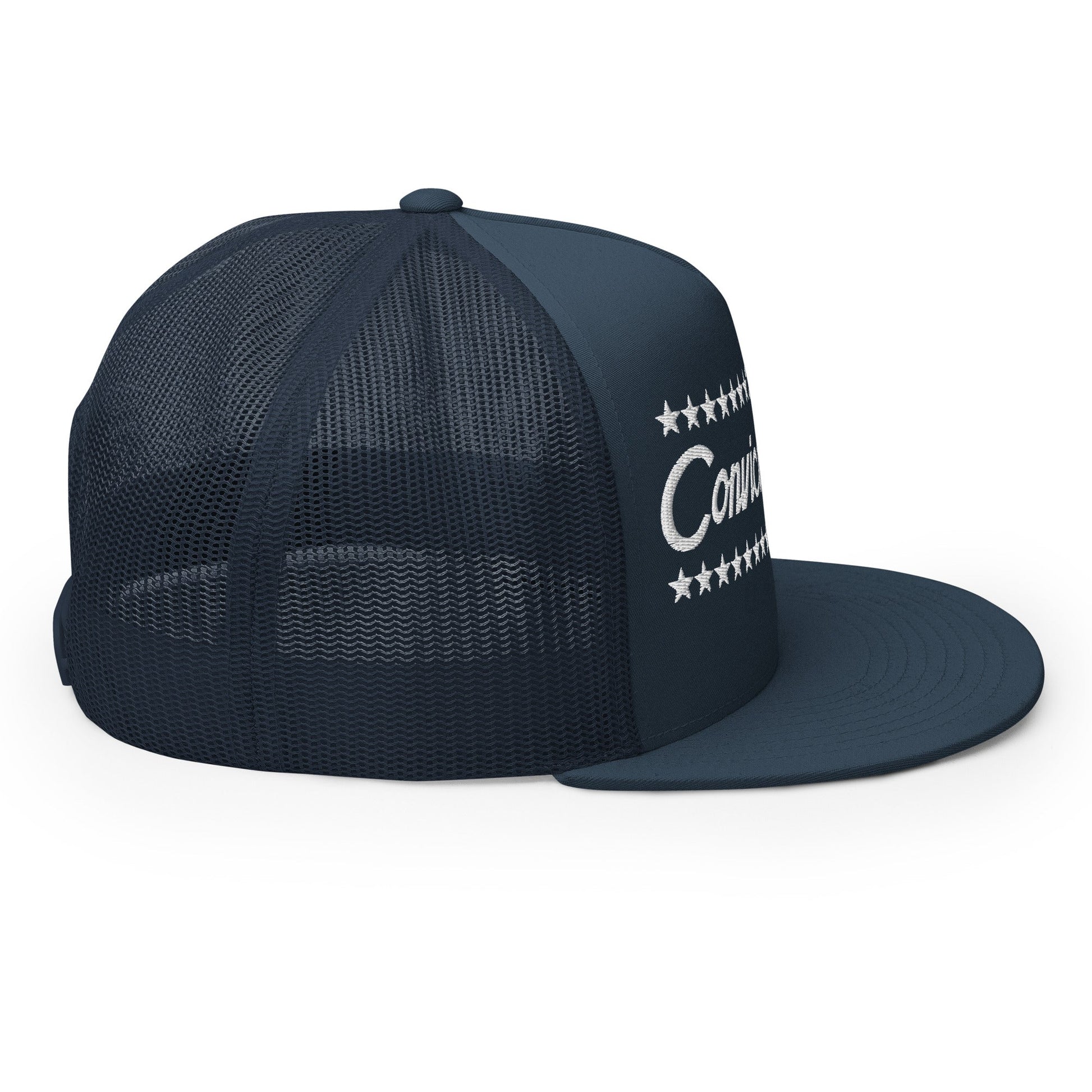 Convicted Felon 2024 Flat Bill Brim Trucker Hat Navy