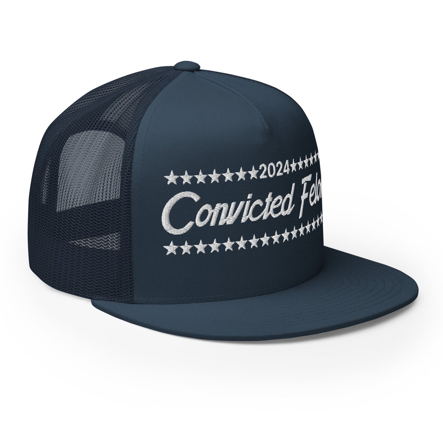 Convicted Felon 2024 Flat Bill Brim Trucker Hat Navy