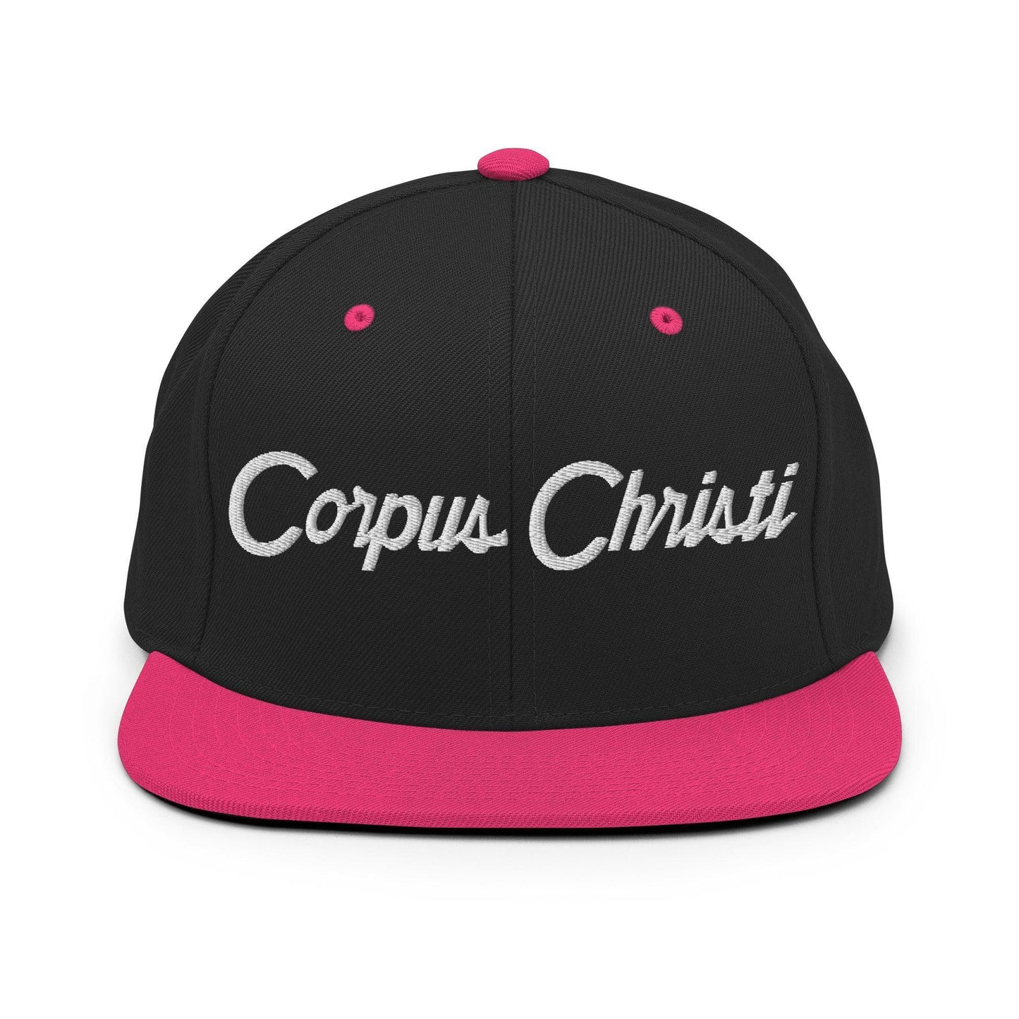 Corpus Christi Script Snapback Hat Black Neon Pink