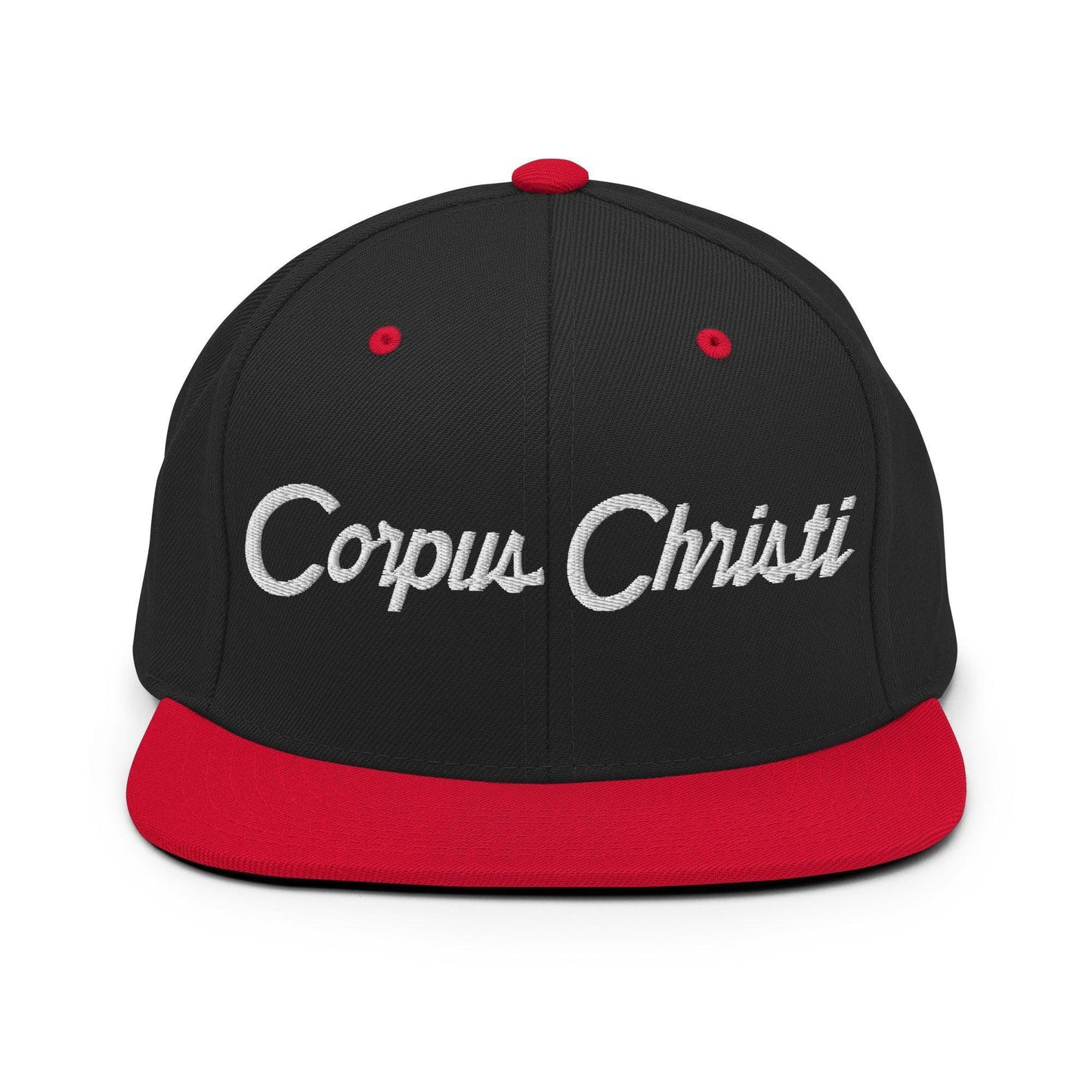 Corpus Christi Script Snapback Hat Black Red