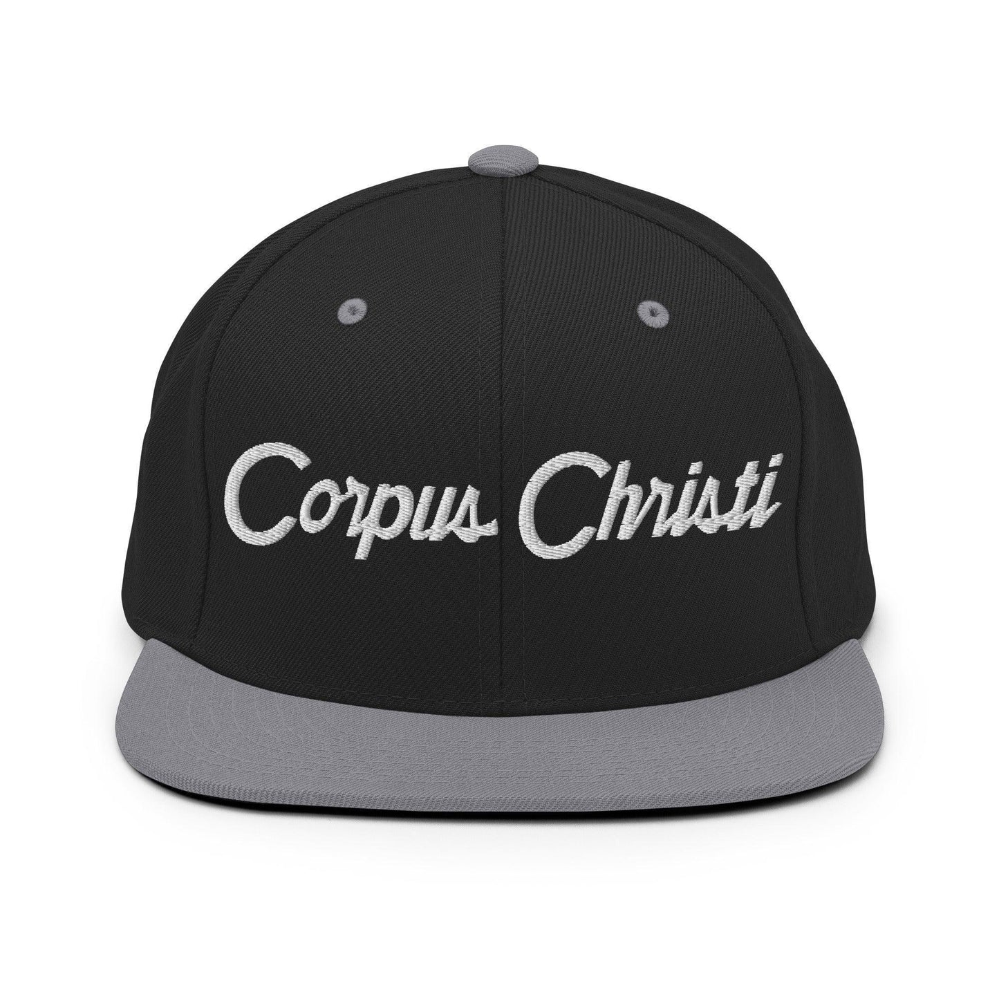 Corpus Christi Script Snapback Hat Black Silver