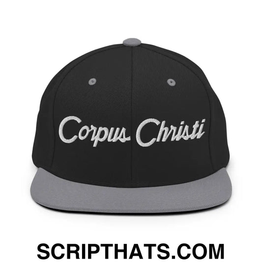 Corpus Christi Script Snapback Hat Black Silver