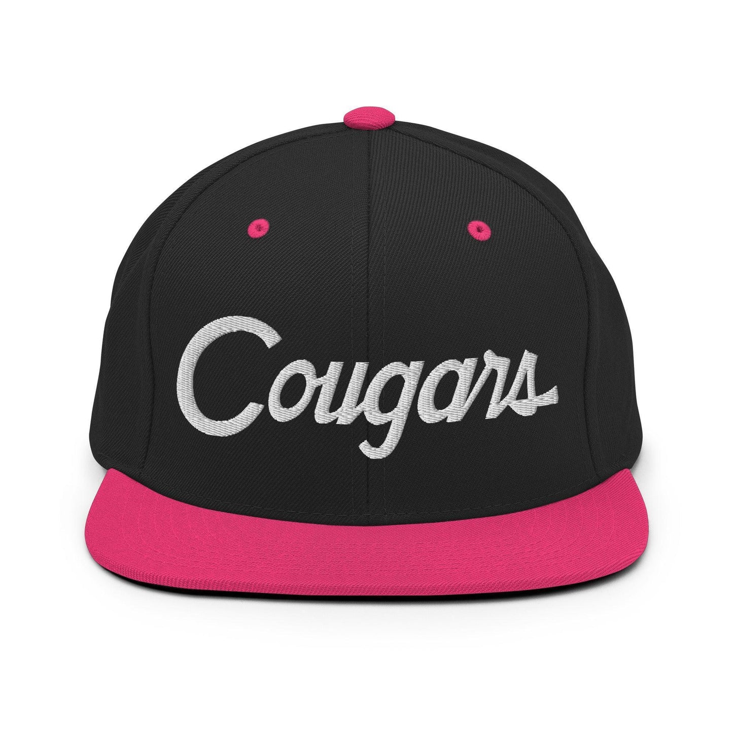 Cougars School Mascot Script Snapback Hat Black Neon Pink