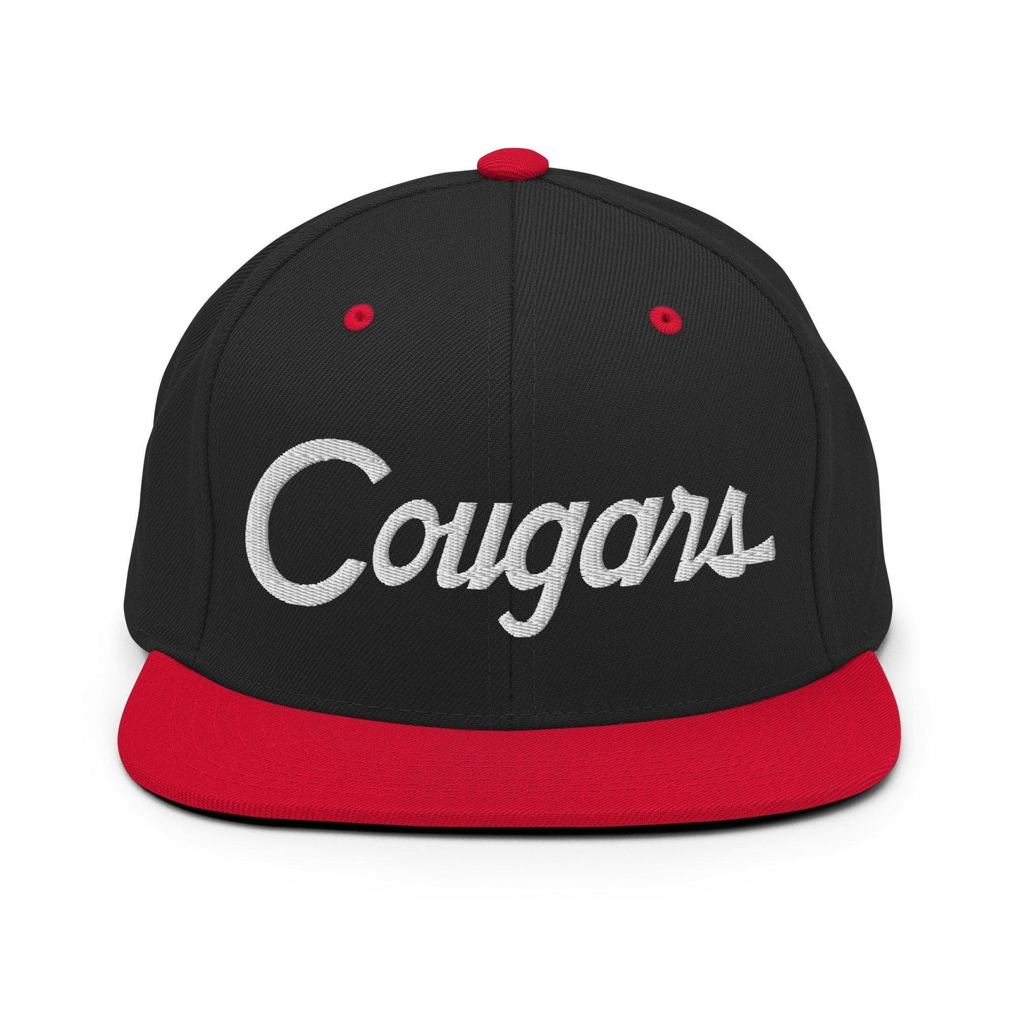 Cougars School Mascot Script Snapback Hat Black Red