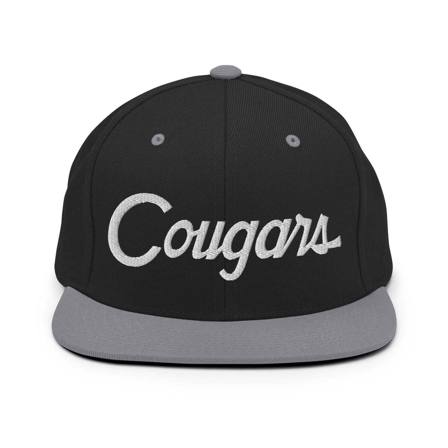 Cougars School Mascot Script Snapback Hat Black Silver