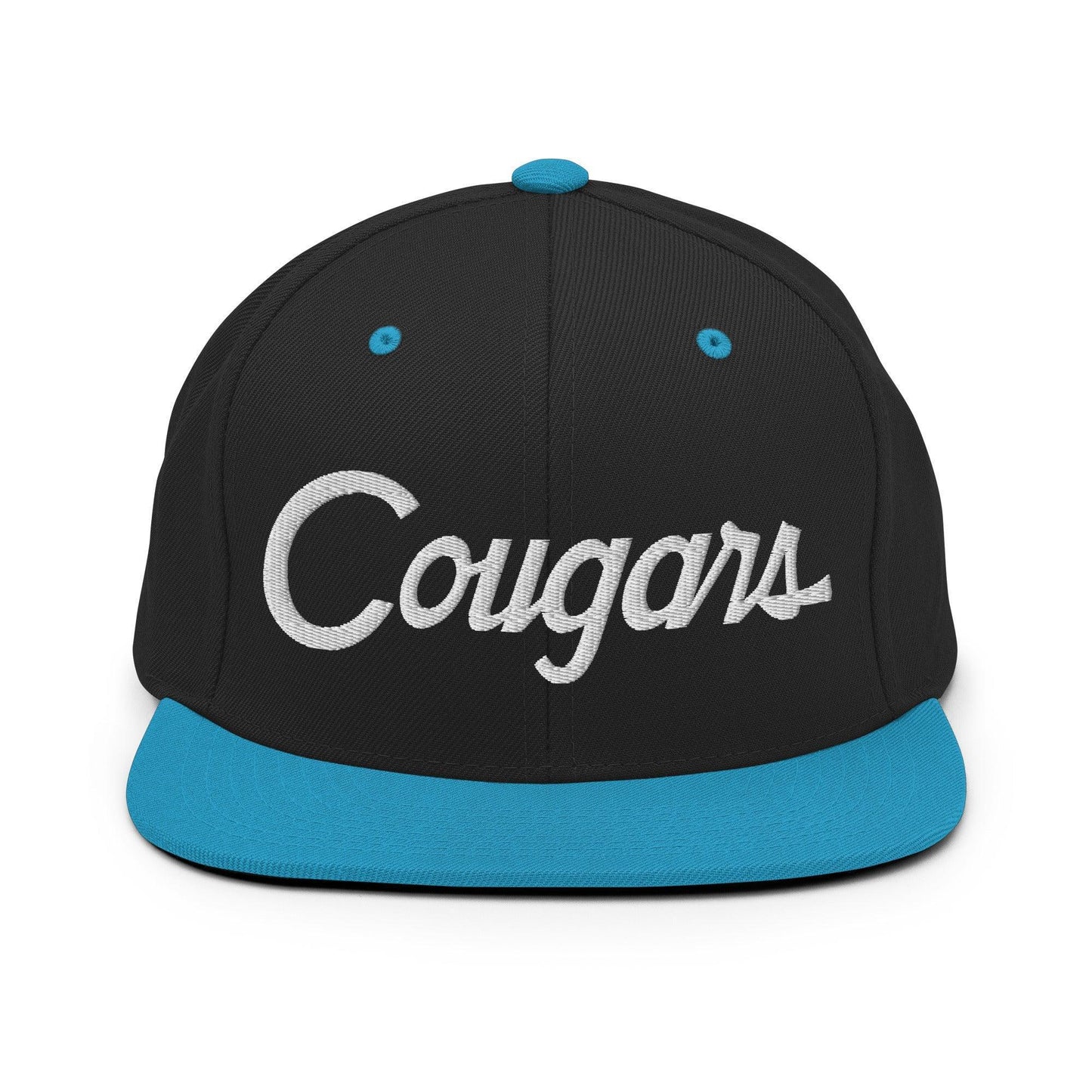 Cougars School Mascot Script Snapback Hat Black Teal