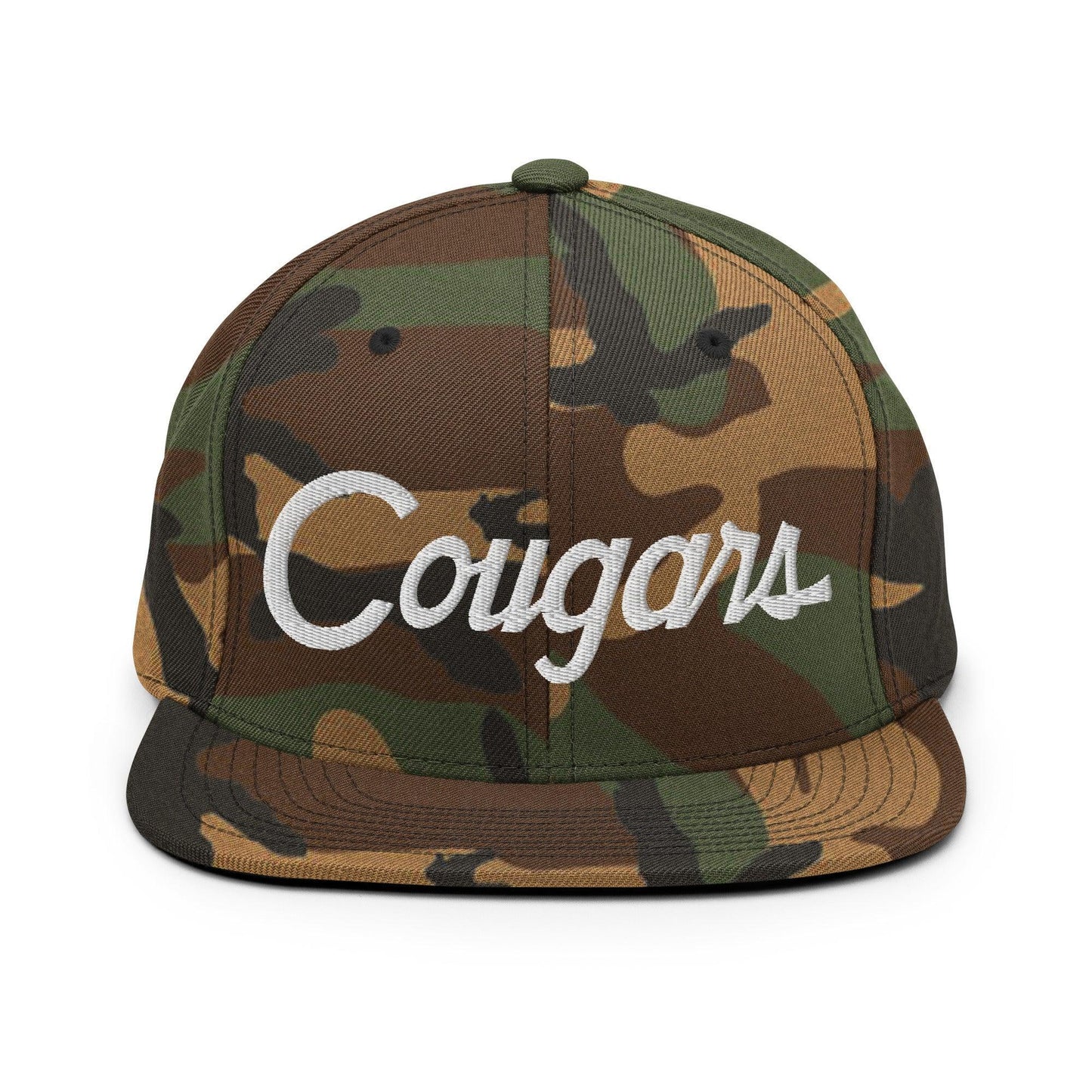 Cougars School Mascot Script Snapback Hat Green Camo