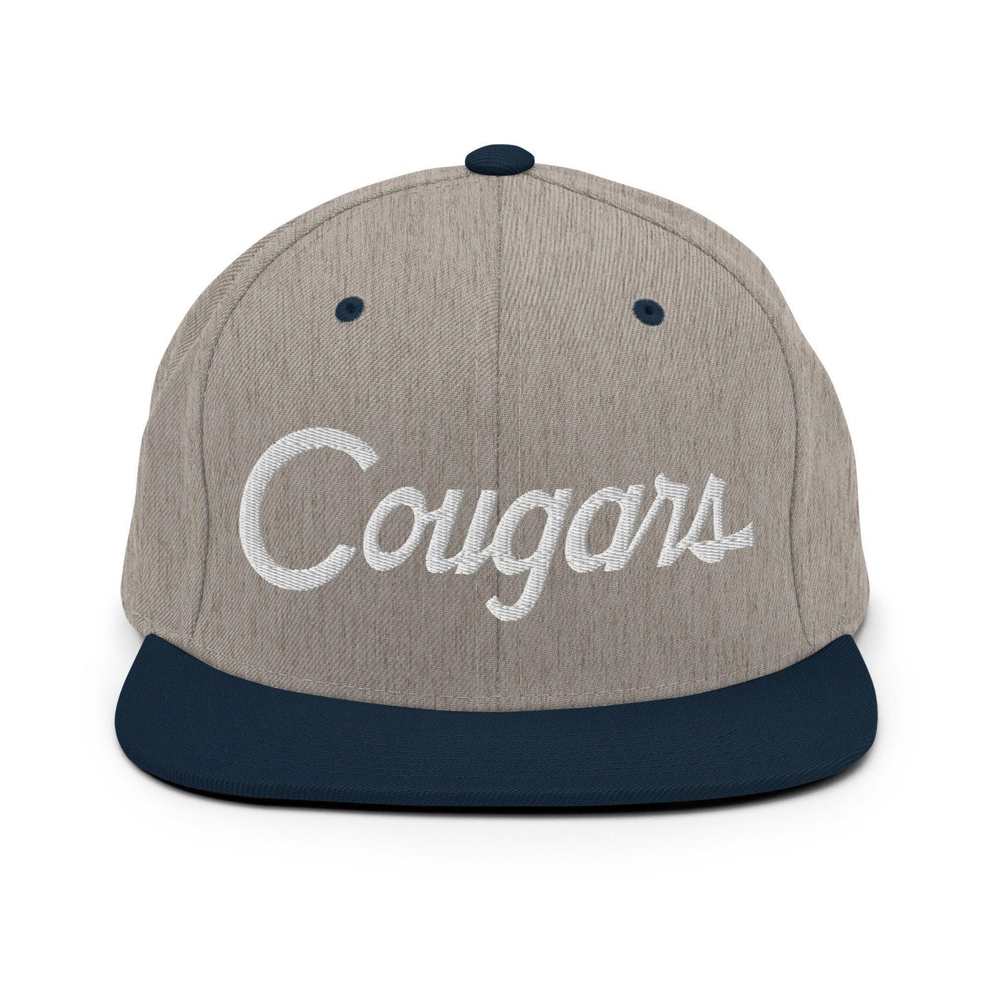 Cougars School Mascot Script Snapback Hat Heather Grey Navy