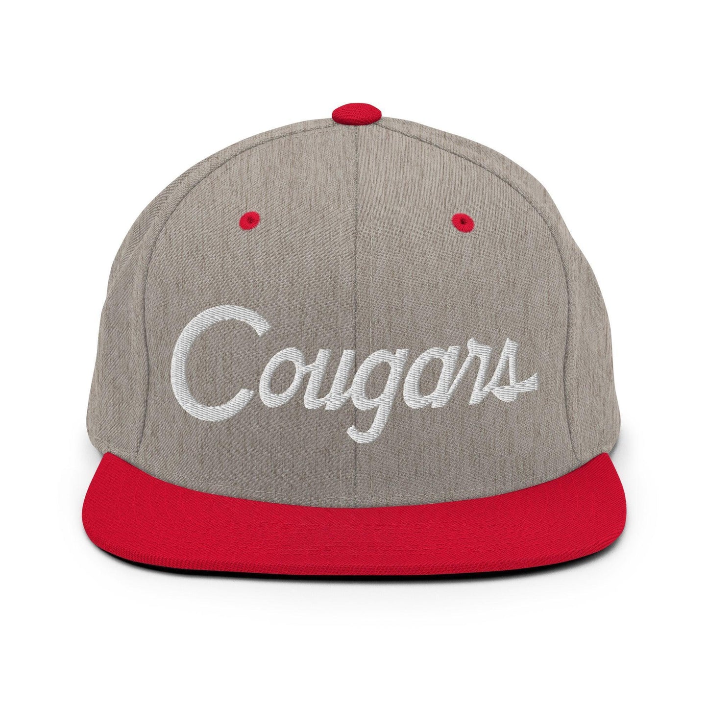 Cougars School Mascot Script Snapback Hat Heather Grey Red