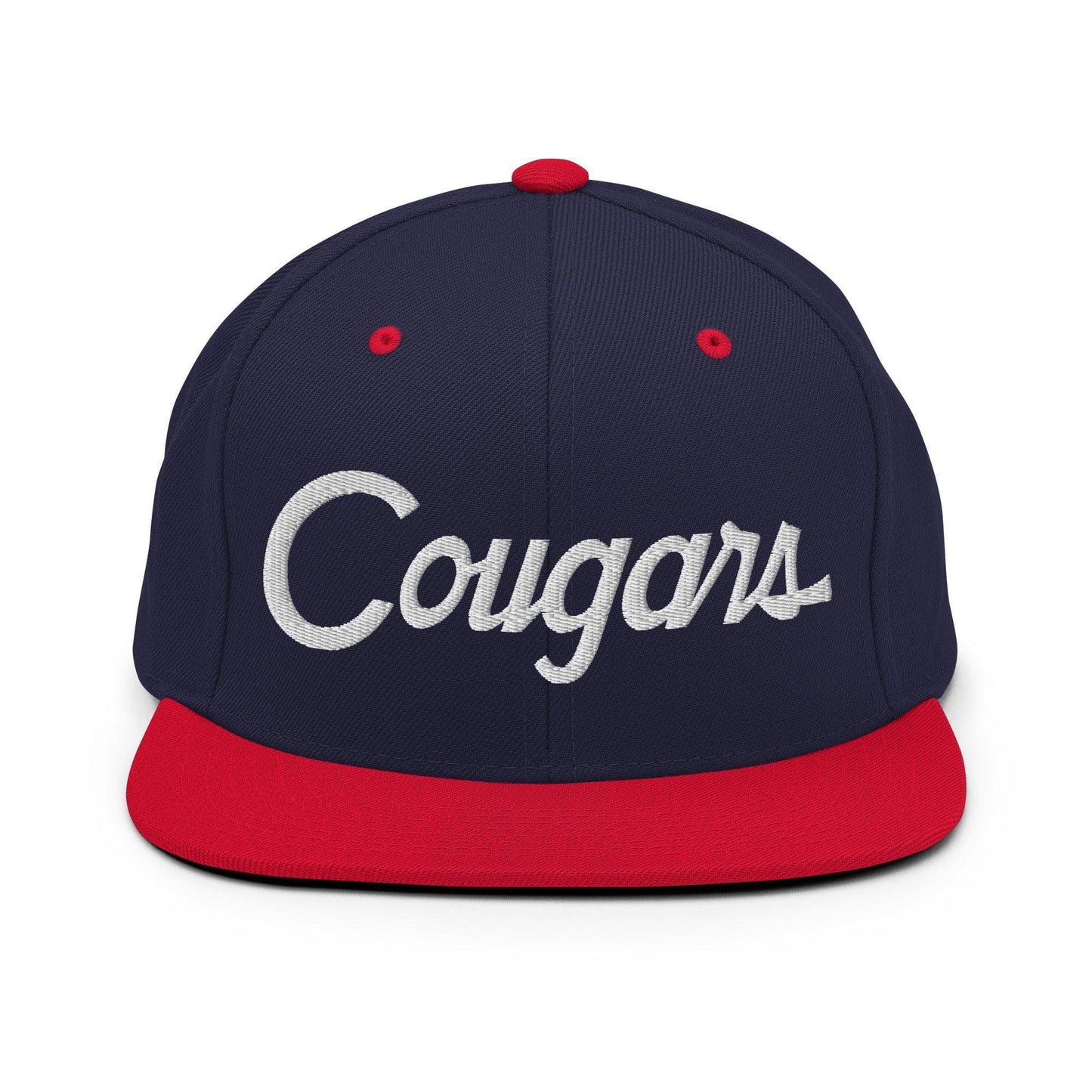 Cougars School Mascot Script Snapback Hat Navy Red