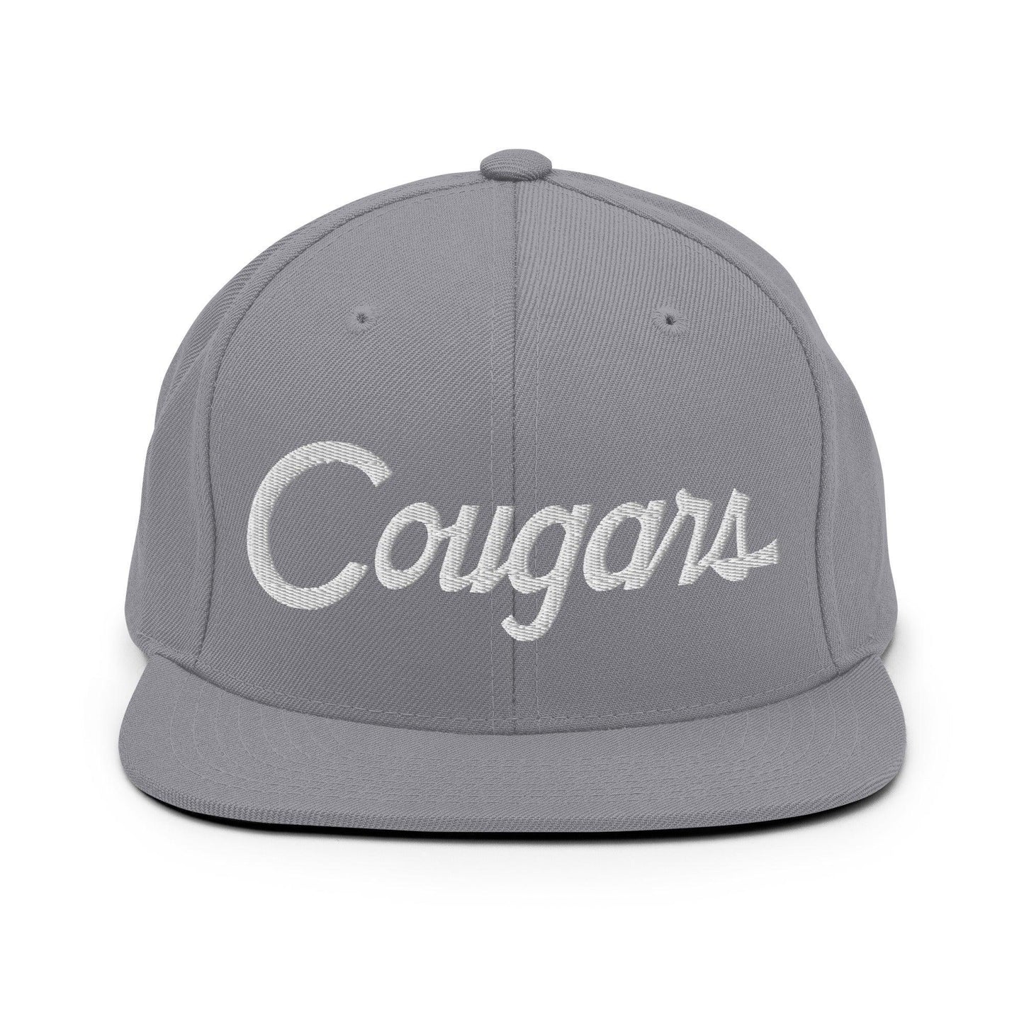 Cougars School Mascot Script Snapback Hat Silver