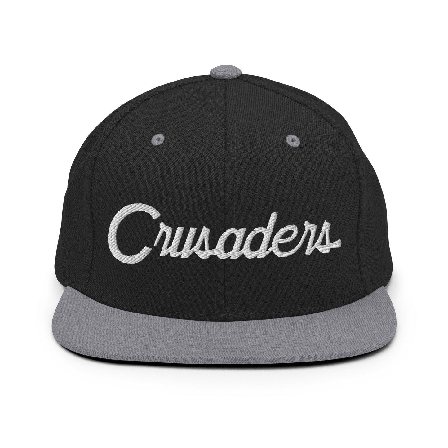 Crusaders School Mascot Script Snapback Hat Black Silver