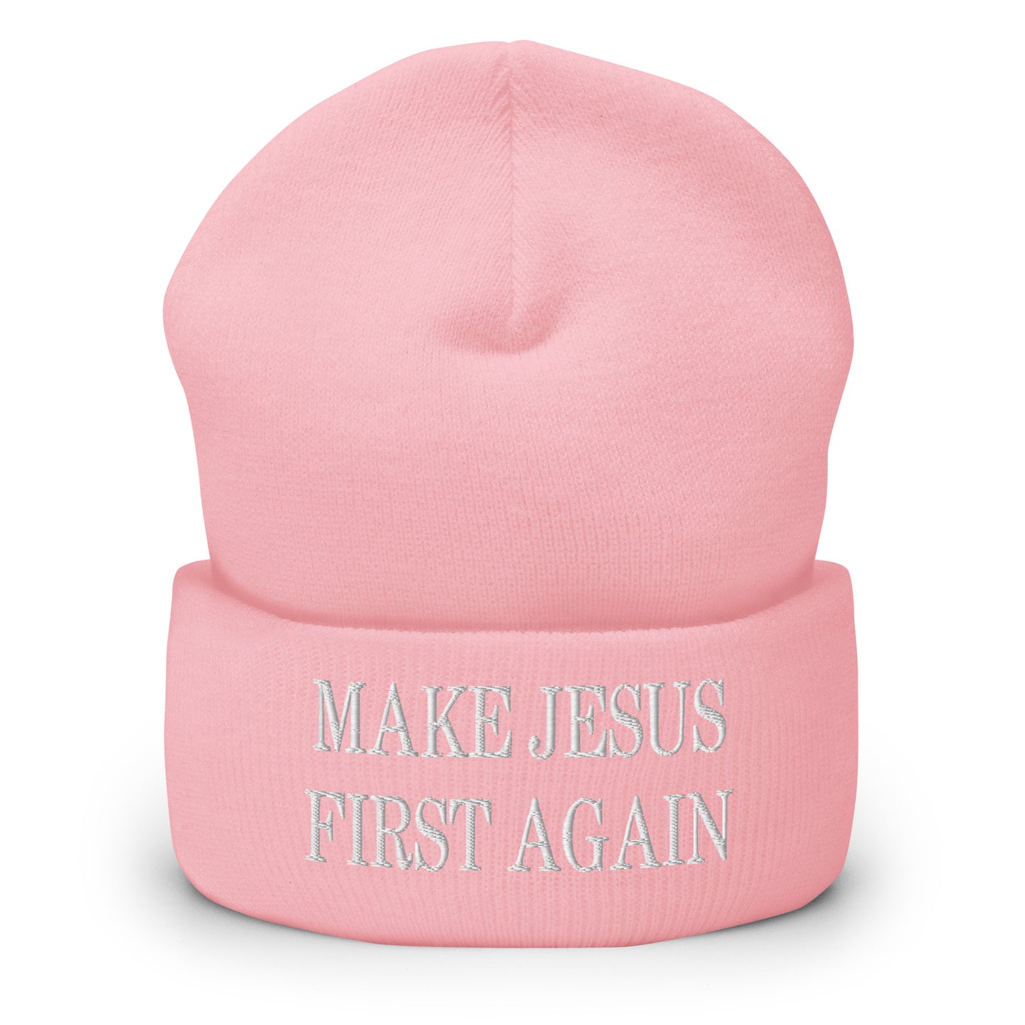 Make Jesus First Again Embroidered Knit Cuffed Beanie Baby Pink