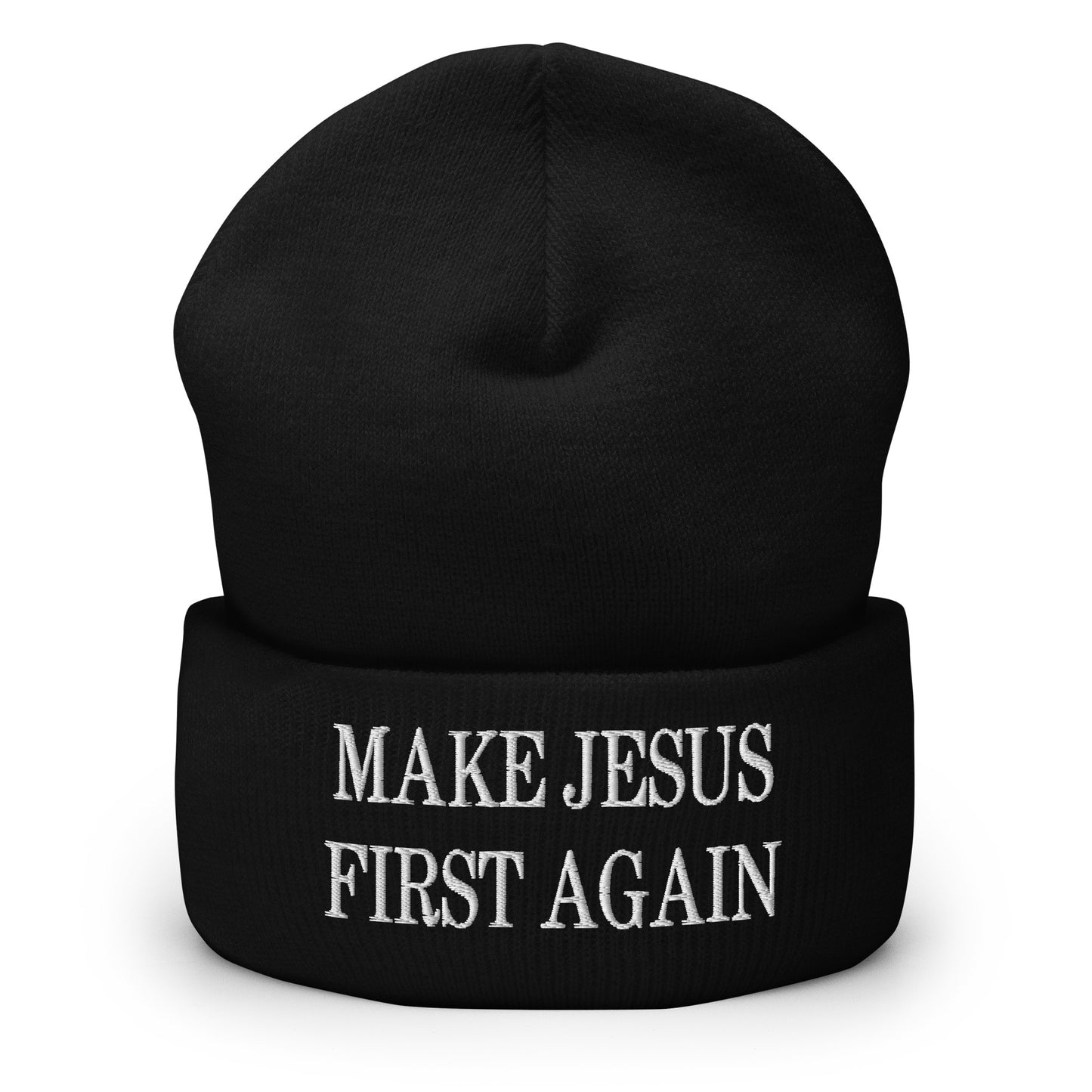 Make Jesus First Again Embroidered Knit Cuffed Beanie Black