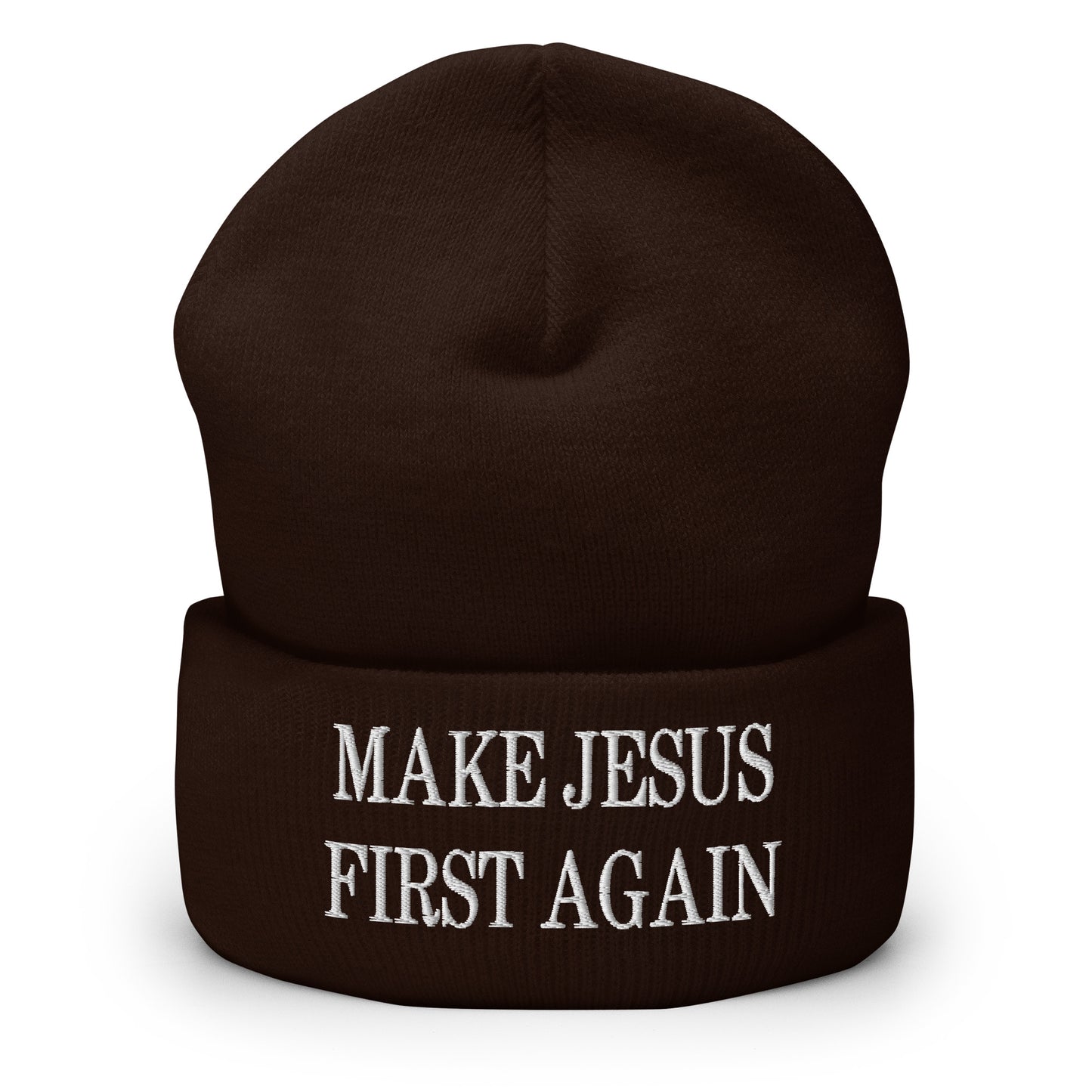 Make Jesus First Again Embroidered Knit Cuffed Beanie Brown