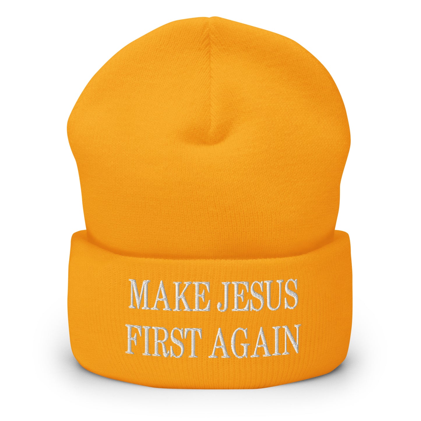 Make Jesus First Again Embroidered Knit Cuffed Beanie Gold