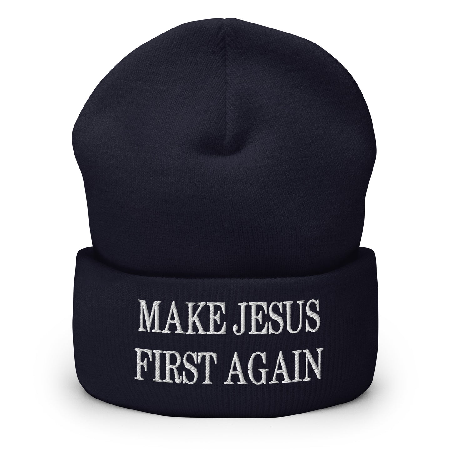 Make Jesus First Again Embroidered Knit Cuffed Beanie Navy