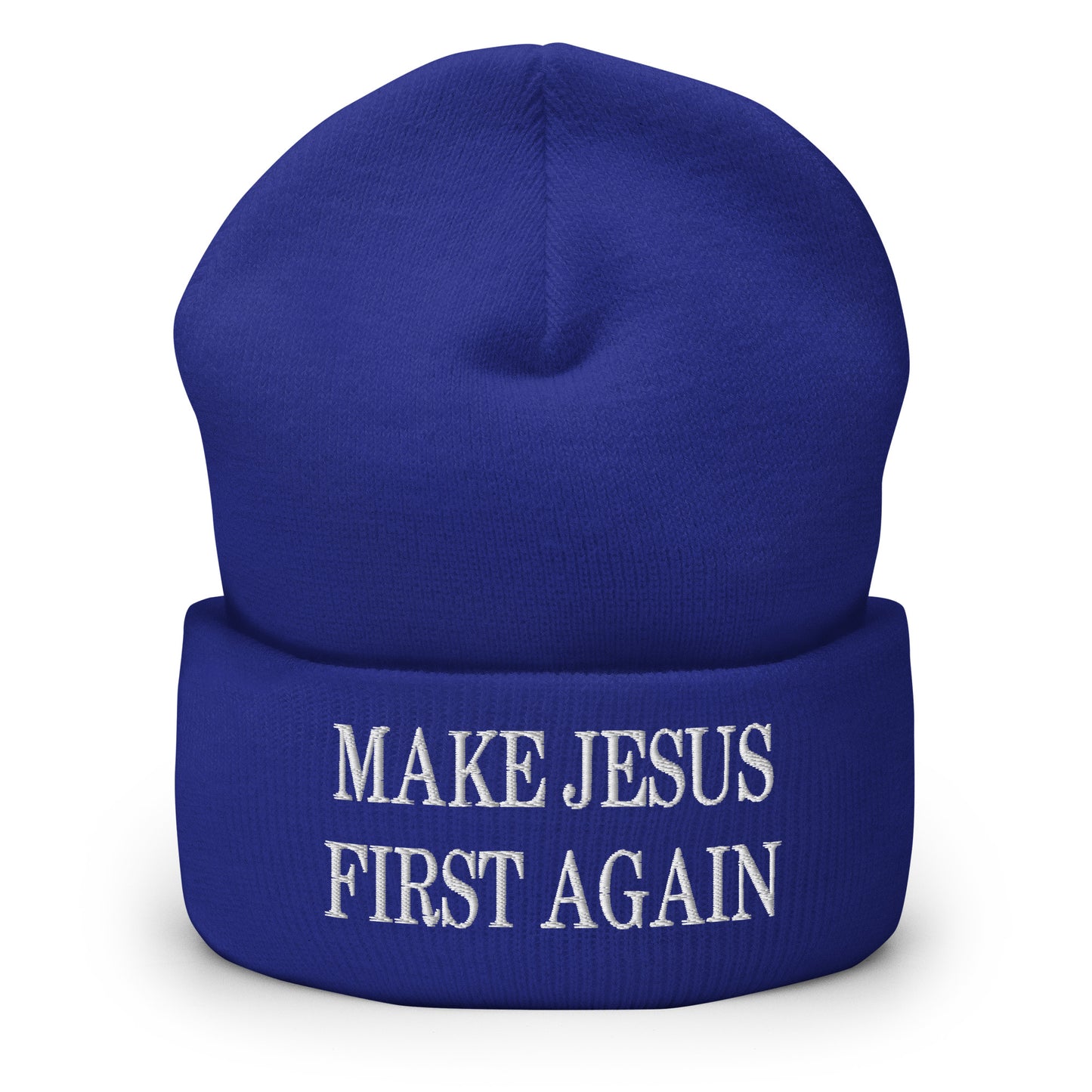 Make Jesus First Again Embroidered Knit Cuffed Beanie Royal