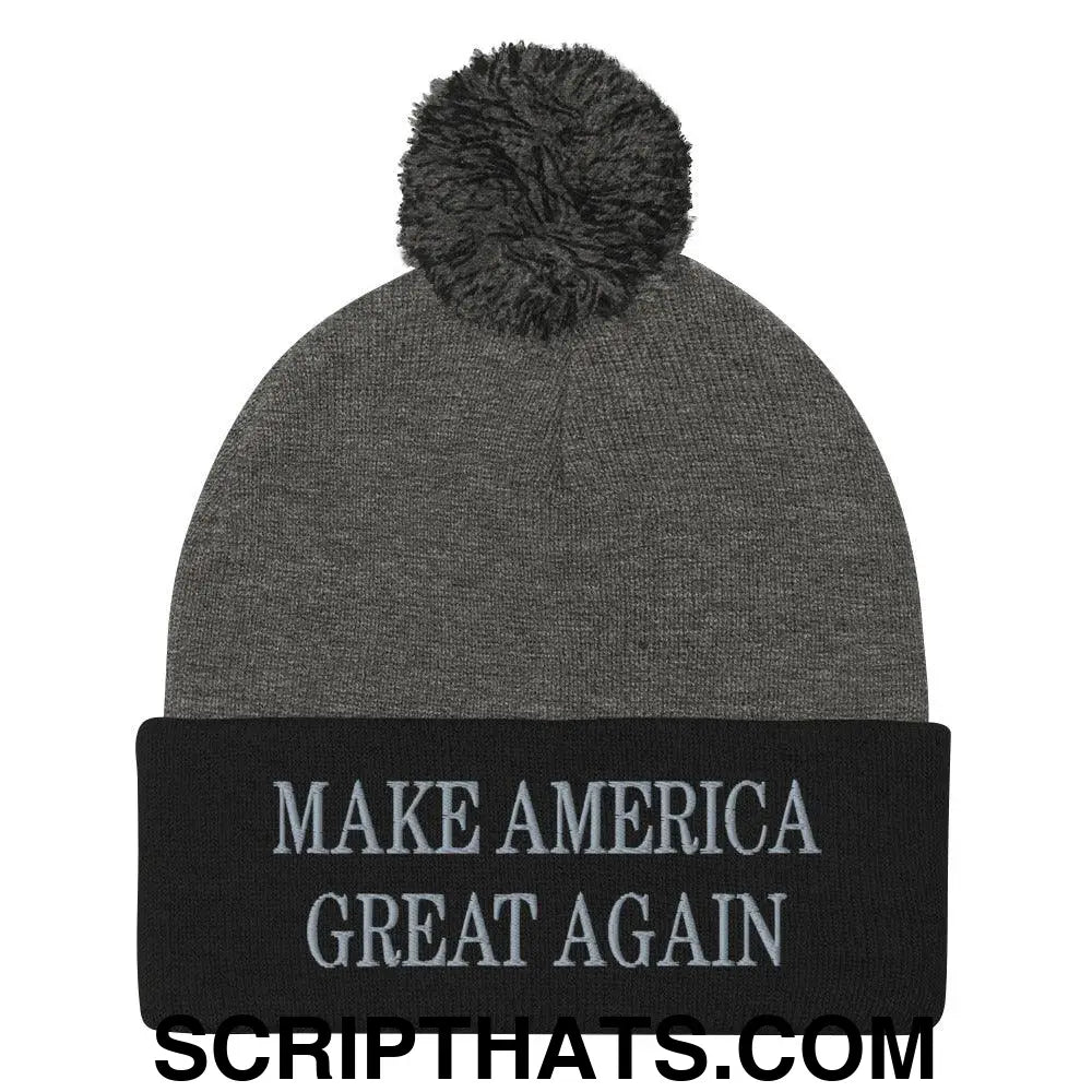 Dark Make America Great Again MAGA Knit Pom Pom Beanie Dark Heather Grey Black