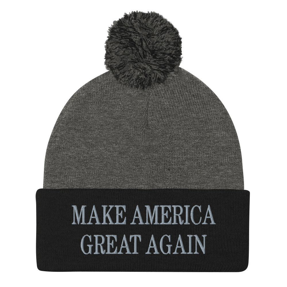 Dark Make America Great Again MAGA Knit Pom Pom Beanie Dark Heather Grey Black