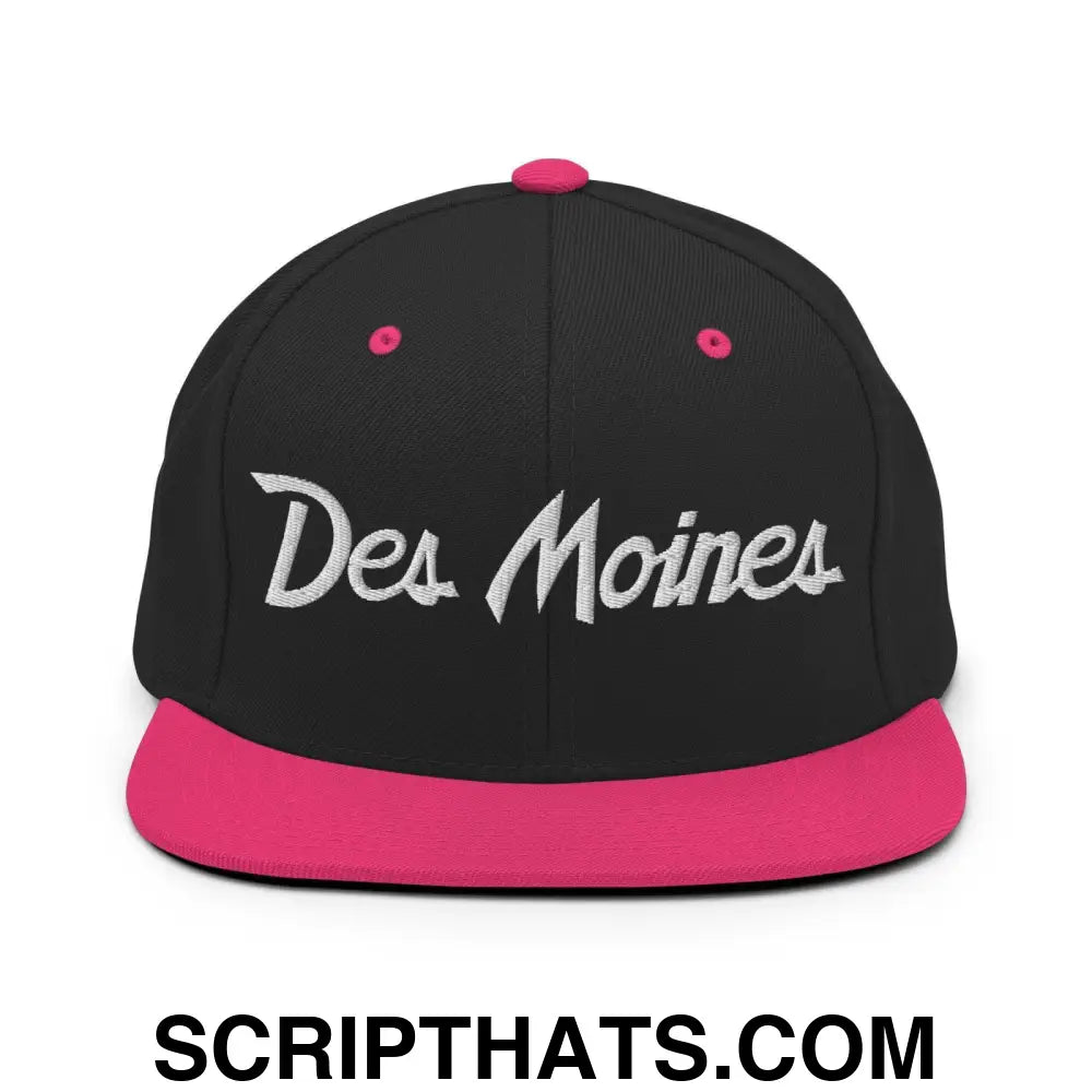 Des Moines Script Snapback Hat Black Neon Pink