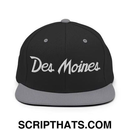 Des Moines Script Snapback Hat Black Silver