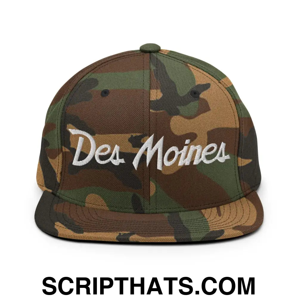 Des Moines Script Snapback Hat Green Camo