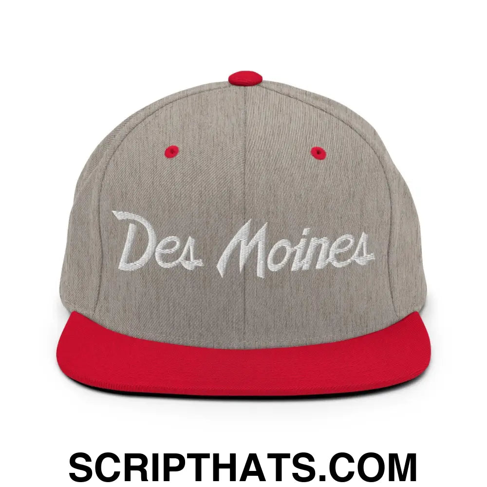 Des Moines Script Snapback Hat Heather Grey Red