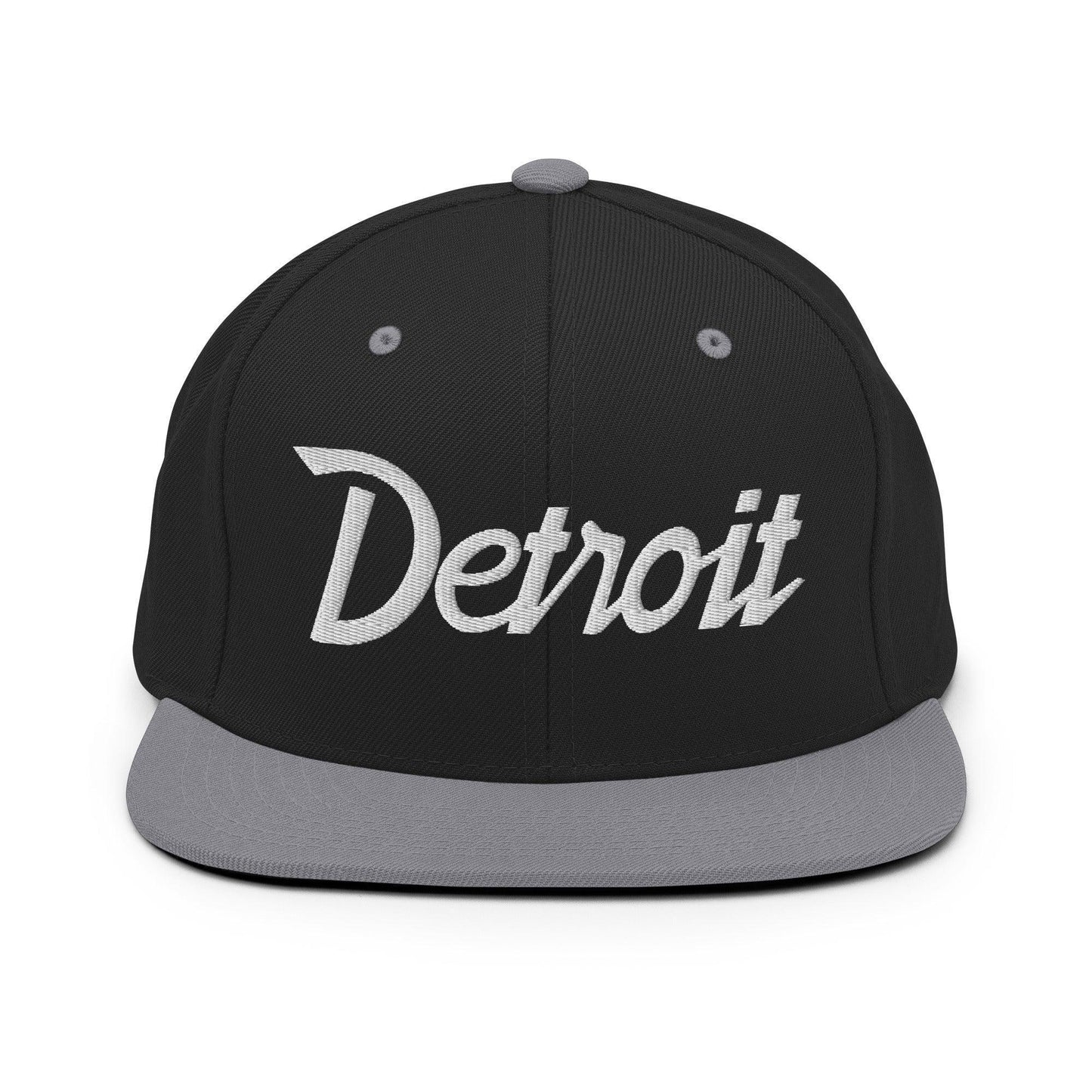 Detroit Script Snapback Hat Black Silver