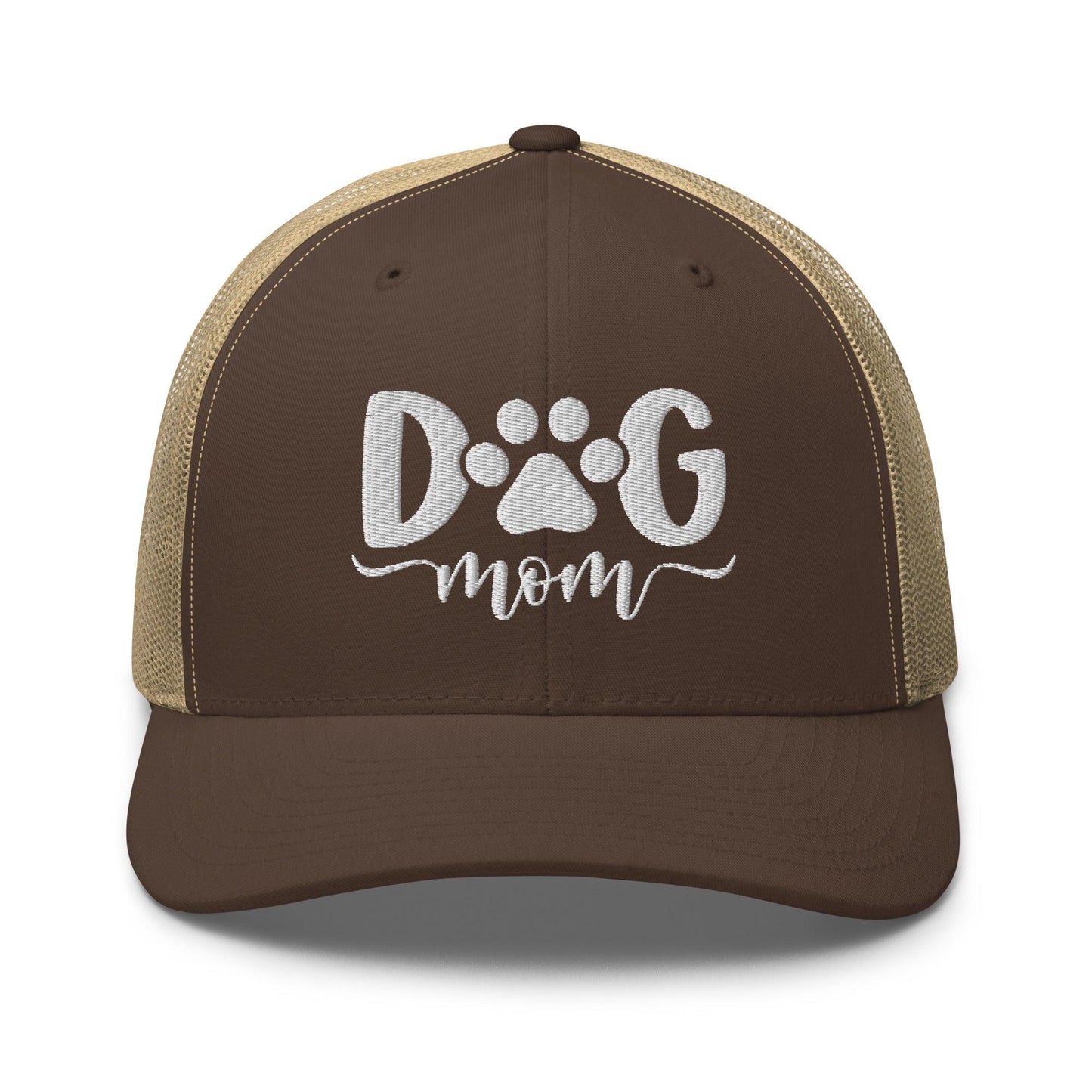 Dog Mom Embroidered Mesh Trucker Hat Brown Khaki