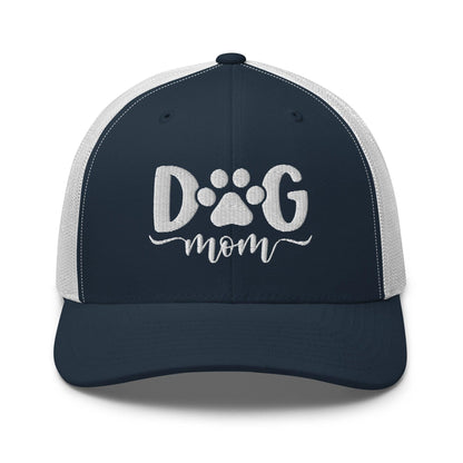 Dog Mom Embroidered Mesh Trucker Hat Navy White