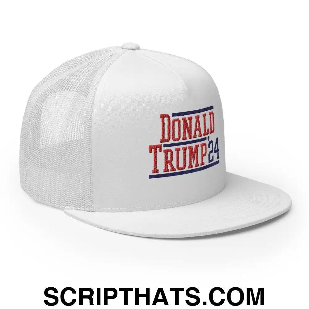 Donald Trump 2024 Flat Bill Brim Snapback Trucker Hat White