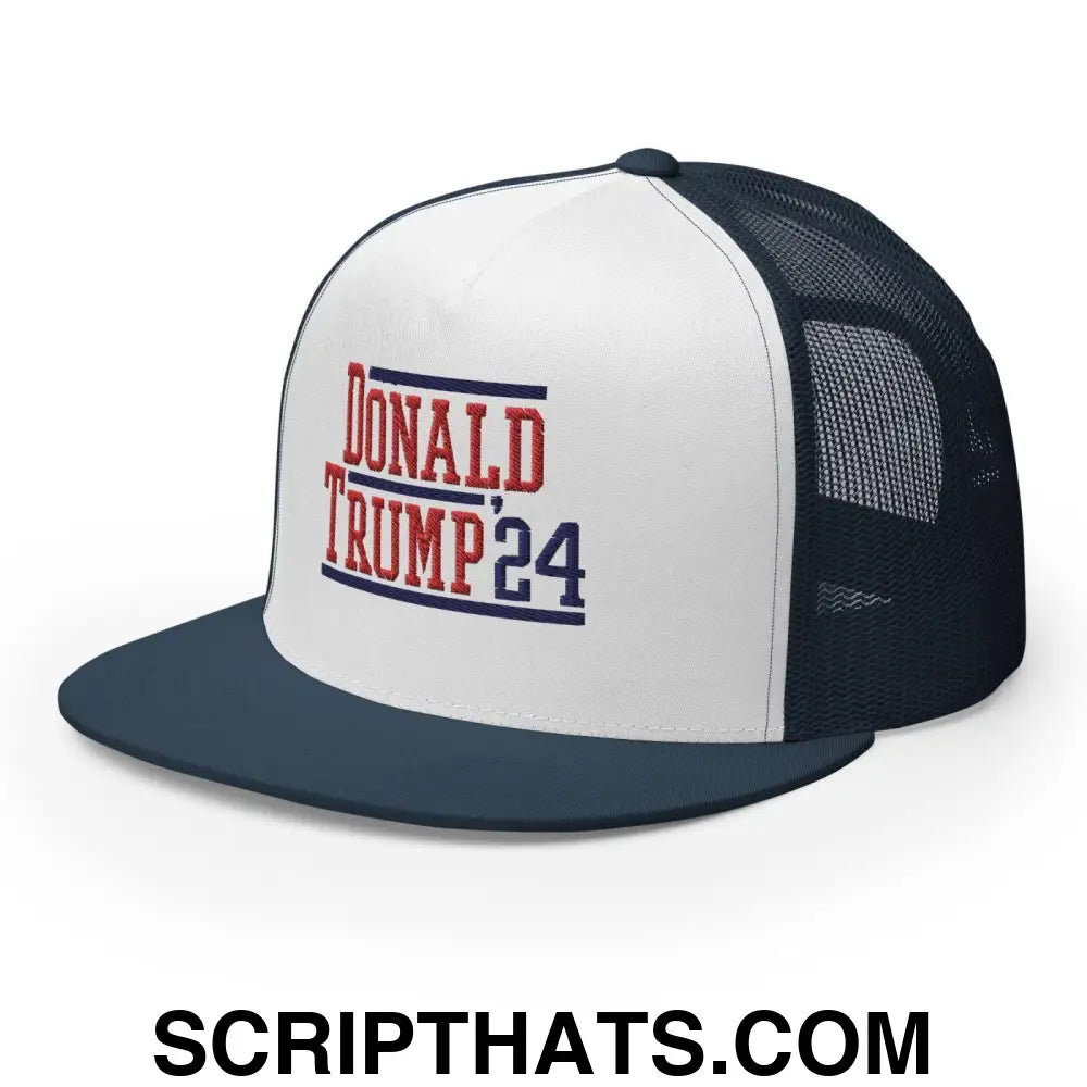 Donald Trump 2024 Flat Bill Brim Snapback Trucker Hat Navy White Navy