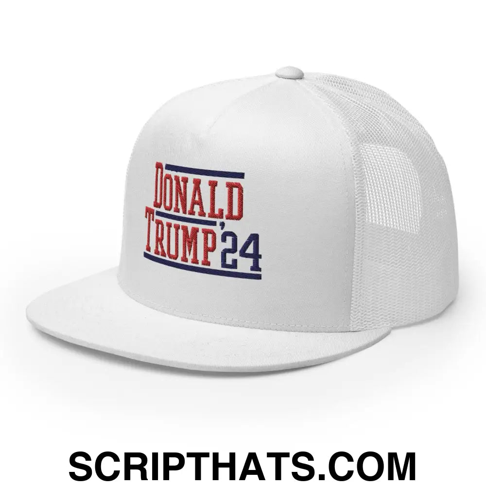 Donald Trump 2024 Flat Bill Brim Snapback Trucker Hat White