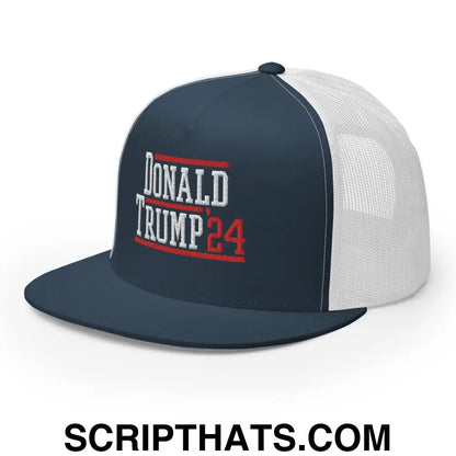 Donald Trump 2024 Flat Bill Brim Snapback Trucker Hat Navy White