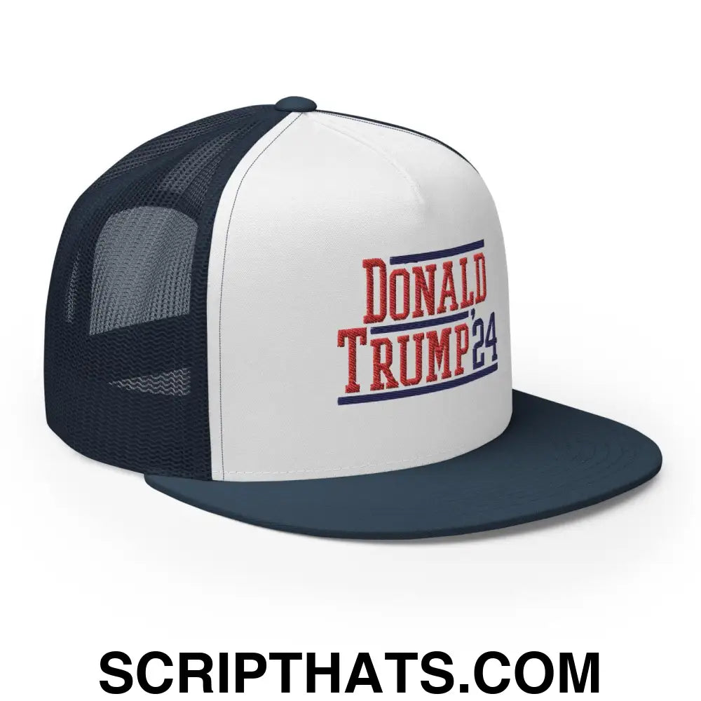 Donald Trump 2024 Flat Bill Brim Snapback Trucker Hat Navy White Navy