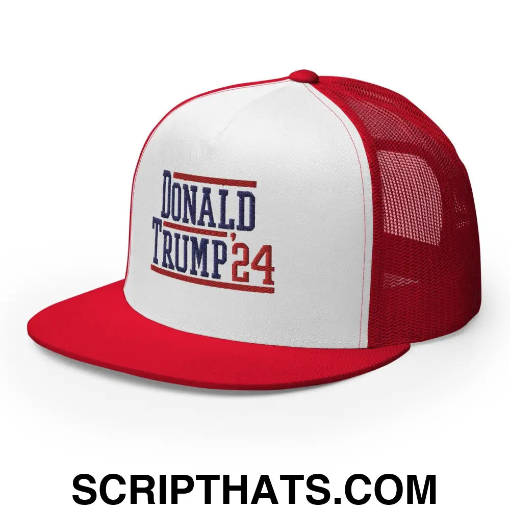 Donald Trump 2024 Flat Bill Brim Snapback Trucker Hat Red White Red